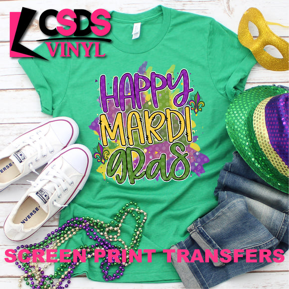 Screen Print Transfer - Happy Mardi Gras - Full Color *HIGH HEAT*