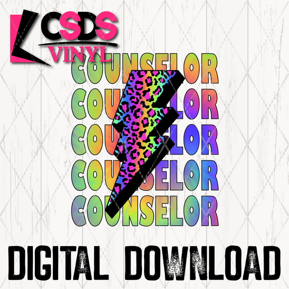 PNG0031 - Rainbow Leopard Lightning Bolt Stacked Word Art Counselor - PNG Print File