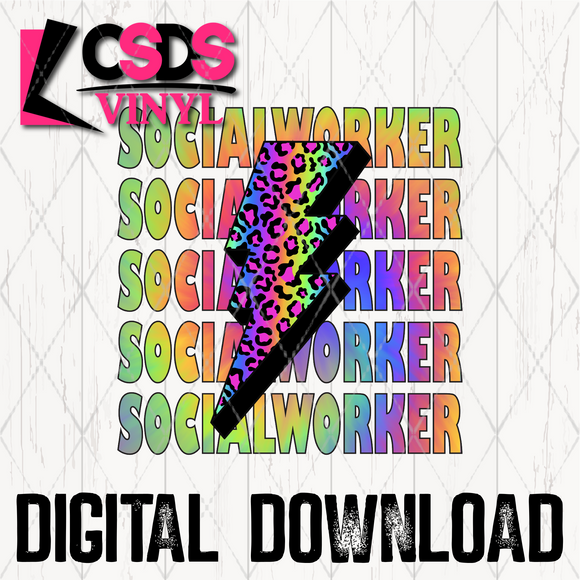 PNG0046 - Rainbow Leopard Lightning Bolt Stacked Word Art SocialWorker- PNG Print File