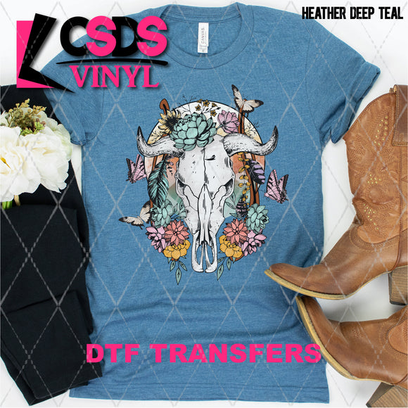DTF Transfer - DTF002910 Cow Skull with Flowers and Butterflies