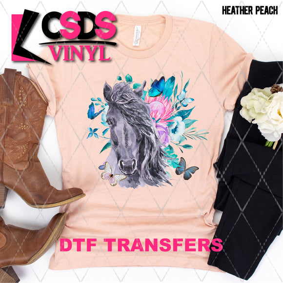 DTF Transfer - DTF003358 Watercolor Horse with Flowers and Butterflies