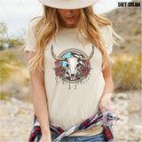 DTF Transfer - DTF004249 Cow Skull and American Flag with Roses