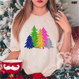 DTF Transfer - DTF004985 Colorful Christmas Trees Faux Glitter