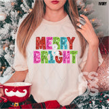 DTF Transfer - DTF005387 Merry & Bright Colorful Letters Faux Embroidery/Sequins