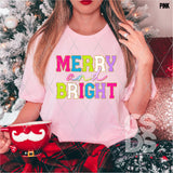 DTF Transfer - DTF005465 Merry and Bright Colorful Varsity Faux Glitter