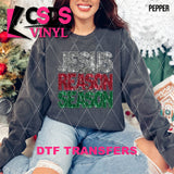 DTF Transfer - DTF009309 Jesus is the Reason for the Season Silver Red Green Faux Glitter/Embroidery