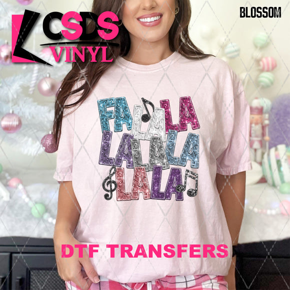 DTF Transfer - DTF009312 Fa La La La La La La La with Music Notes Multi Colored Faux Glitter/Embroidery