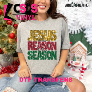 DTF Transfer - DTF009316 Jesus is the Reason for the Season Gold Red Green Faux Glitter/Embroidery