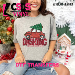 DTF Transfer - DTF009317 Dashing Through the Snow Car with Tree 1 Faux Glitter/Embroidery