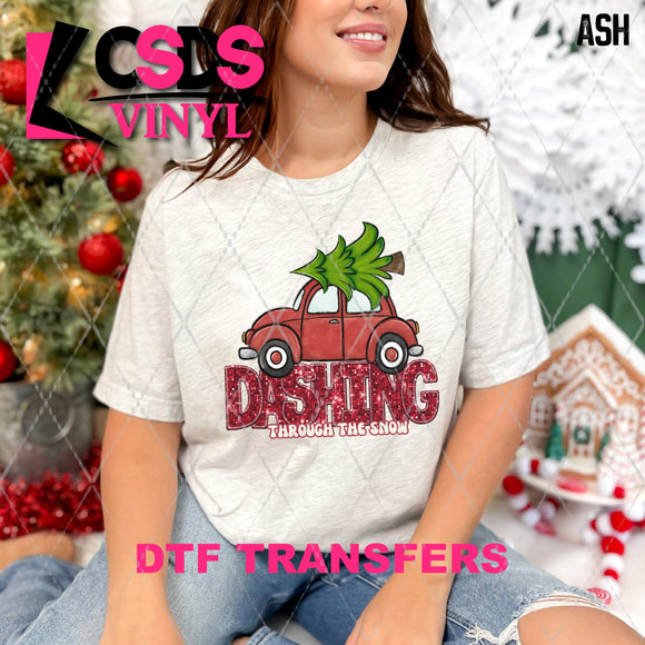 DTF Transfer - DTF009319 Dashing Through the Snow Car with Tree 3 Faux Glitter/Embroidery