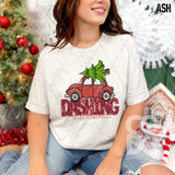 DTF Transfer - DTF009319 Dashing Through the Snow Car with Tree 3 Faux Glitter/Embroidery