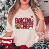 DTF Transfer - DTF009335 Baking Crew Red Gingerbread House Faux Glitter/Embroidery