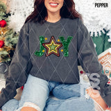 DTF Transfer - DTF009352 Joy Star Green Faux Glitter/Embroidery