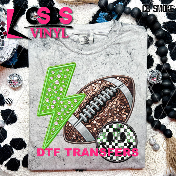 DTF Transfer - DTF009639 Smile Football Lightning Bolt Faux Sequins/Rhinestones Green