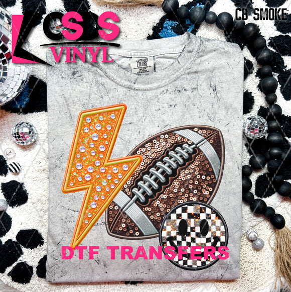 DTF Transfer - DTF009641 Smile Football Lightning Bolt Faux Sequins/Rhinestones Orange