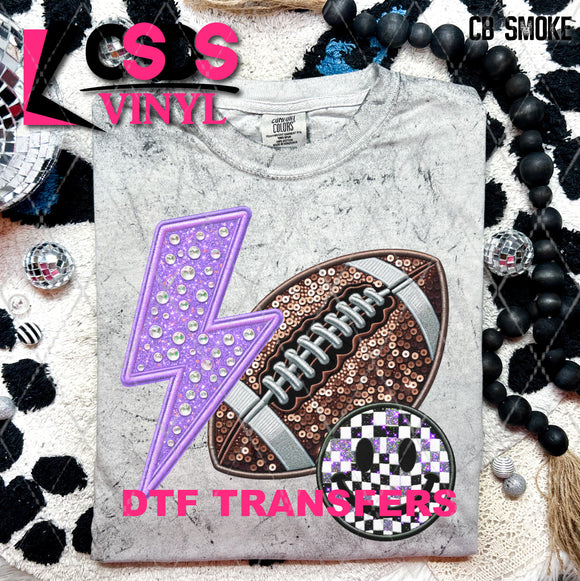 DTF Transfer - DTF009643 Smile Football Lightning Bolt Faux Sequins/Rhinestones Purple