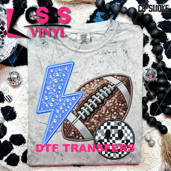 DTF Transfer - DTF009644 Smile Football Lightning Bolt Faux Sequins/Rhinestones Blue