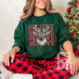 DTF Transfer - DTF009854 Believe Reindeer Stacked Word Art Faux Rhinestone/Embroidery