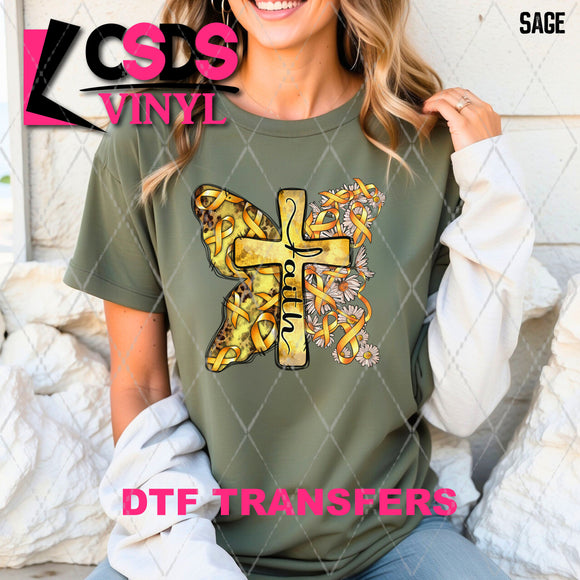 DTF Transfer - DTF010474 Gold Ribbon Faith Butterfly with Cross