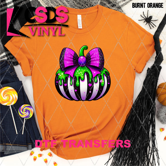 DTF Transfer - DTF010665 Black and White Stripped Pumpkin with Purple Bow