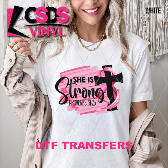 DTF Transfer - DTF010781 She is Strong Pink Cancer Ribbon and Cross