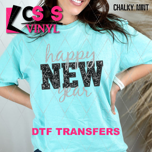 DTF Transfer - DTF011001 Happy New Year Silver and Black Faux Glitter/Embroidery