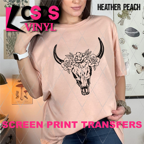 Screen Print Transfer - SCR4593 Floral Cow Skull - Black