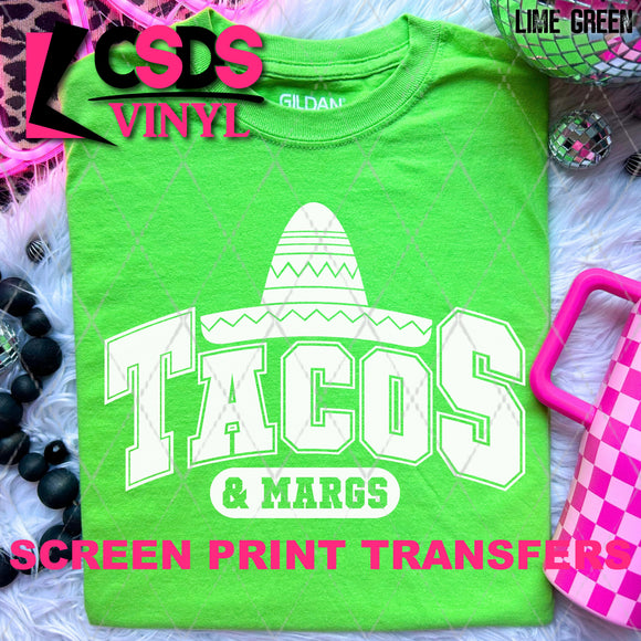 Screen Print Transfer - SCR4793 Tacos & Margs Varsity Sombrero - White