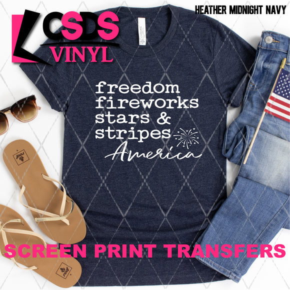 Screen Print Transfer -  SCR4925 Freedom Fireworks Stars & Stripes America - White