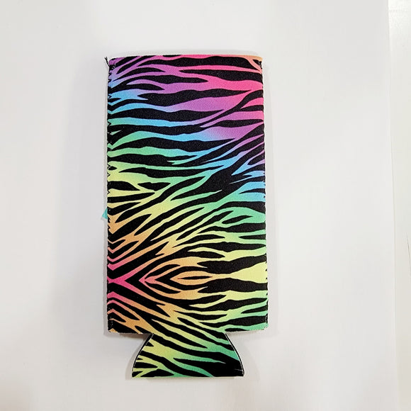 Printed Collapsible Skinny Beverage Coolers - Rainbow Zebra