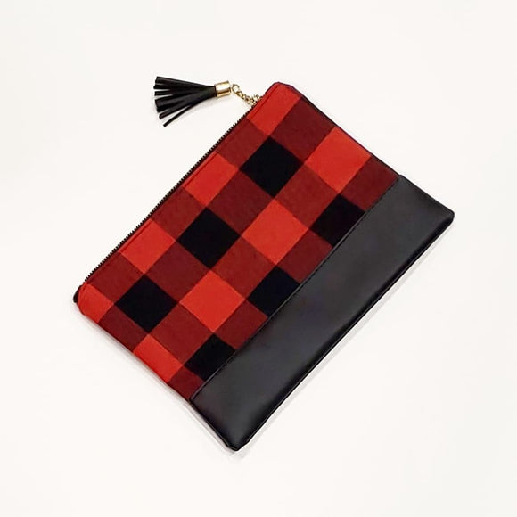 Buffalo Plaid Clutch with Tassel - Red/Black & Black Leather