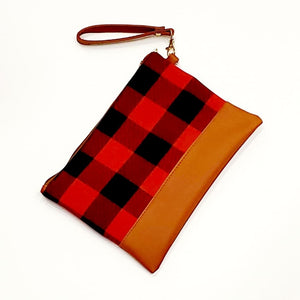 Buffalo Plaid Clutch with Leather Wristlet - Red/Black & Tan Leather
