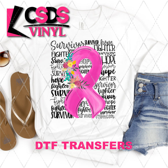DTF Transfer - DTF001940 Floral Breast Cancer Pink Awareness Ribbon Word Art