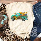 DTF Transfer - DTF002004 Turquoise and Leopard Truck with Sunflowers