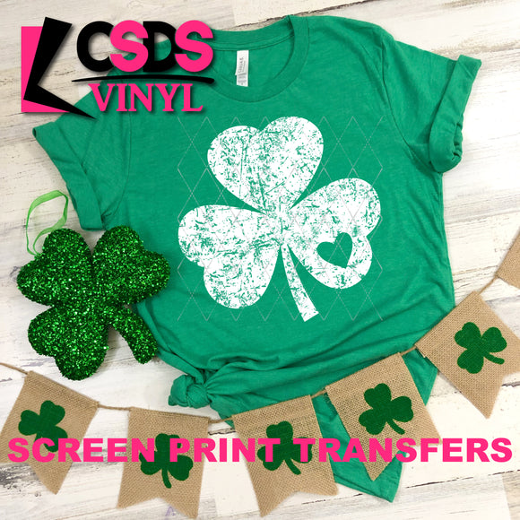 Screen Print Transfer - 3 Leaf Clover with Heart - White