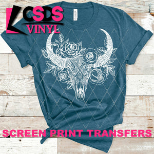 Screen Print Transfer - Boho Cow Skull - White