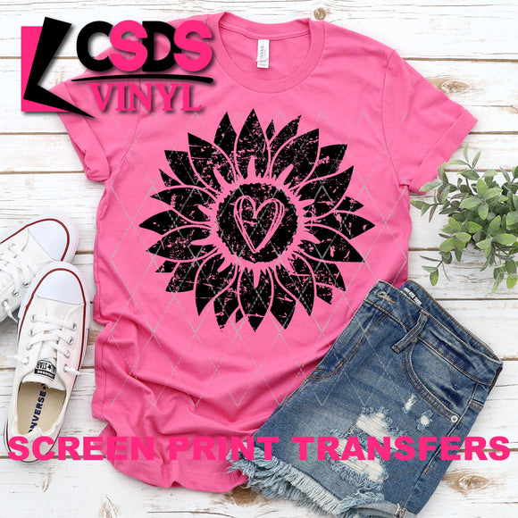 Screen Print Transfer - Distressed Sunflower with Heart - Black