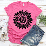 Screen Print Transfer - Distressed Sunflower with Heart - Black