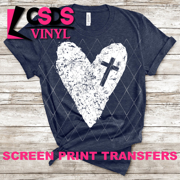Screen Print Transfer - Distressed Heart with Cross - White