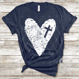 Screen Print Transfer - Distressed Heart with Cross - White