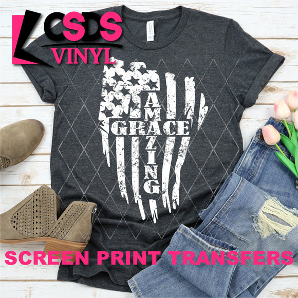 Screen Print Transfer - Amazing Grace American Flag - White