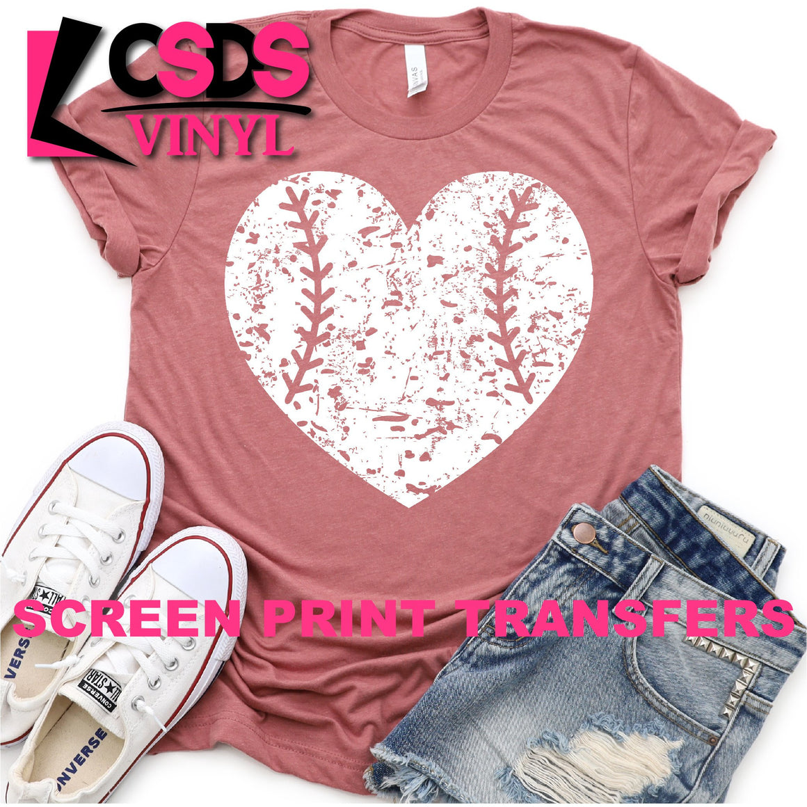 Screen Print Transfer Distressed Baseball/Softball Heart White