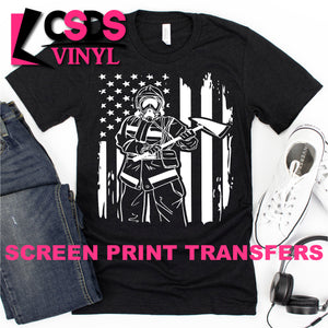 Screen Print Transfer - Fire Fighter with American Flag - White