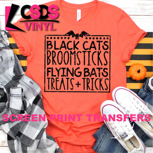 Screen Print Transfer - Black Cats Broomsticks Flying Bats - Black