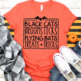 Screen Print Transfer - Black Cats Broomsticks Flying Bats - Black