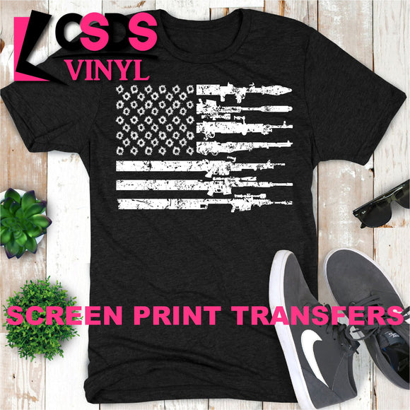 Screen Print Transfer - Guns and Bullets American Flag - White