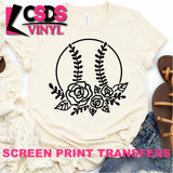 Screen Print Transfer - Baseball/Softball with Flowers - Black