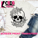 Screen Print Transfer - Skull with Roses - Black