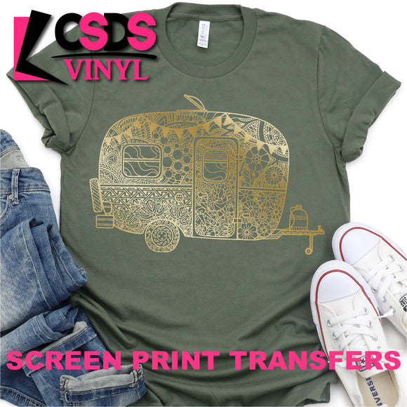 Screen Print Transfer - Vintage Camper Mandala - Metallic Gold