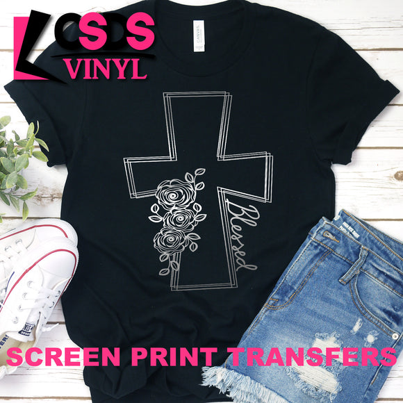 Screen Print Transfer - Blessed Floral Cross - Metallic Silver